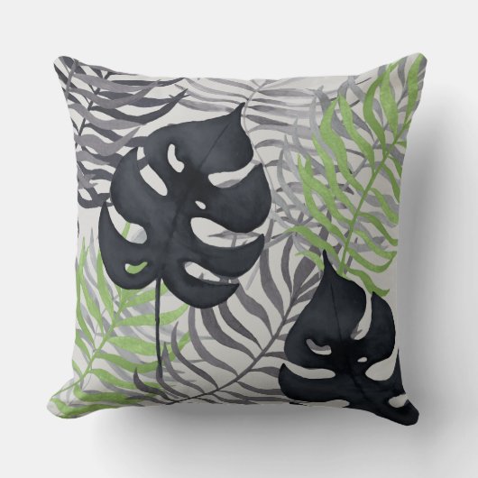 緑及び灰色の熱帯葉の装飾用クッション クッション (正面)