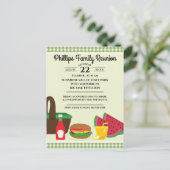 緑及び白いテーブルクロスのピクニック家族会 インビテーションポストカード (スタンド正面)