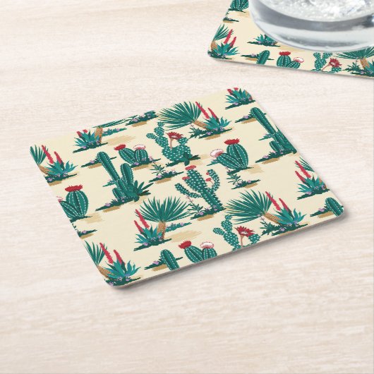 緑及び赤いサボテンパターン スクエアペーパーコースター (アングル)