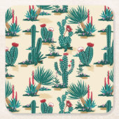 緑及び赤いサボテンパターン スクエアペーパーコースター (正面)