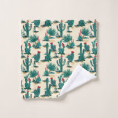 緑及び赤いサボテンパターン バスタオルセット (ウォッシュタオル)