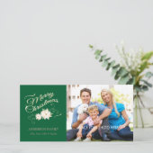 緑及び金ゴールドのメリークリスマス及び白いポインセチア シーズンカード (スタンド正面)