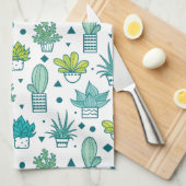 緑及び青の水彩画のSucculentパターン キッチンタオル (四つ折り)