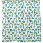 緑及び青の水彩画のSucculentパターン シャワーカーテン (正面)