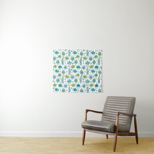 緑及び青の水彩画のSucculentパターン タペストリー (インサイチュ(横))