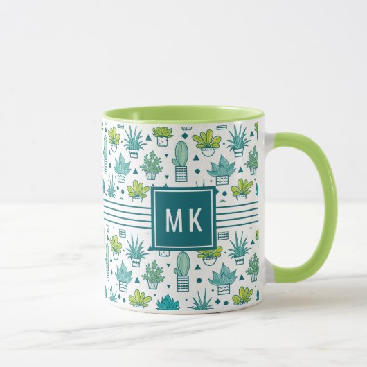 緑及び青の水彩画のSucculentパターン マグカップ (右)