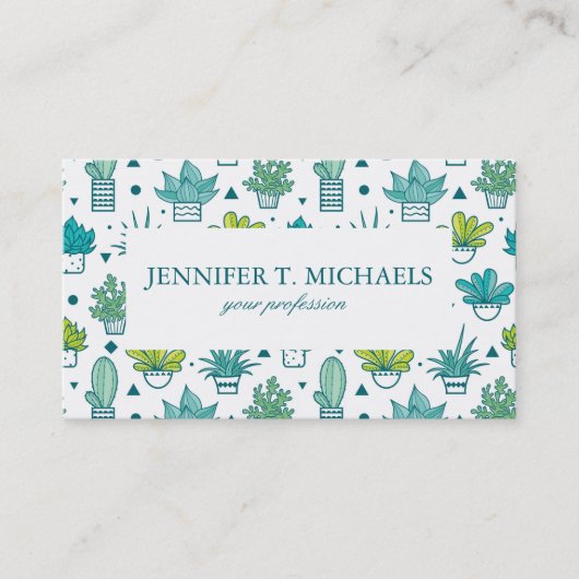 緑及び青の水彩画のSucculentパターン 名刺 (正面)