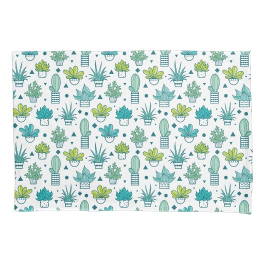 緑及び青の水彩画のSucculentパターン 枕カバー (正面左)