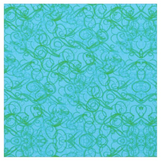 緑及び青のSquiggles及び渦巻 ファブリック (クローズアップ)