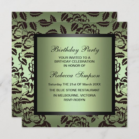 緑及び黒い誕生日の招待状は上がりました 招待状 (正面/裏面)