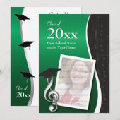 緑及び黒い音楽卒業の招待状 招待状 (正面/裏面)
