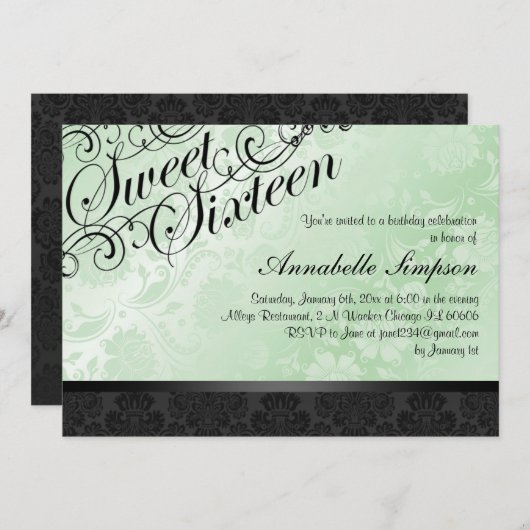 緑及び黒くシックな花のダマスク織Sweet16の招待 招待状 (正面/裏面)