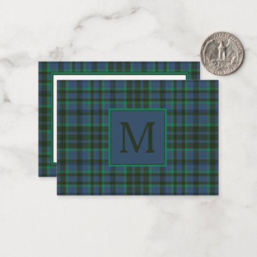 緑名門私立校風のと青の格子模様モノグラム ノートカード (正面/裏面インサイチュ)