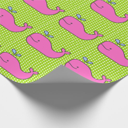 緑名門私立校風のの水玉模様にピンクと青のクジラ ラッピングペーパー (角)