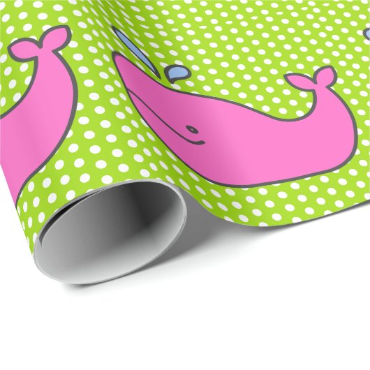 緑名門私立校風のの水玉模様にピンクと青のクジラ ラッピングペーパー (ロールコーナー)