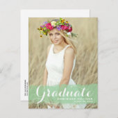 緑名門私立校風の水色オーバーレイ写真卒業 案内ポストカード (正面/裏面)