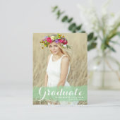 緑名門私立校風の水色オーバーレイ写真卒業 案内ポストカード (スタンド正面)