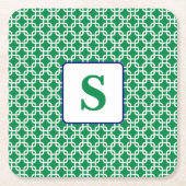 緑名門私立校風の白リンクパターン海軍モノグラム スクエアペーパーコースター (正面)