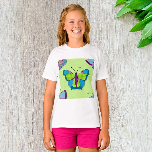 緑地のつぎはぎチョウ模様 Tシャツ