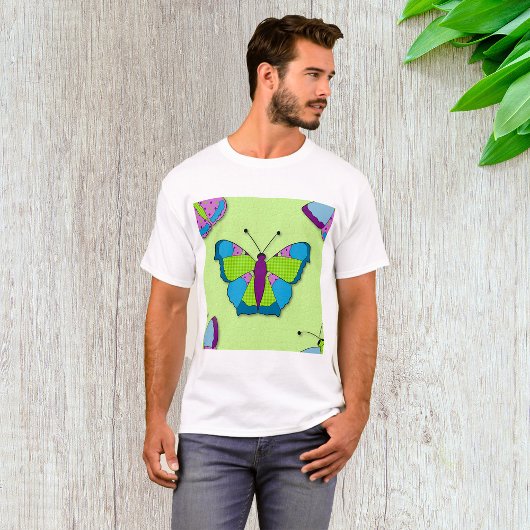 緑地のパッチワーク蝶模様 Tシャツ