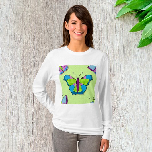緑地のパッチワーク蝶模様 Tシャツ