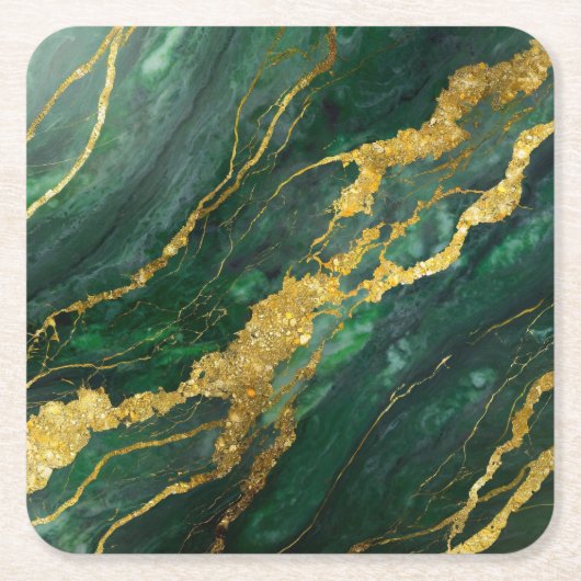 緑大理石模様に金 スクエアペーパーコースター (正面)