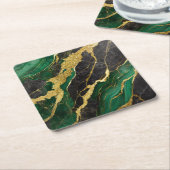 緑大理石模様に金 スクエアペーパーコースター (アングル)