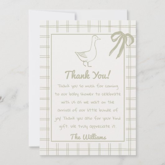 緑描間抜けのガチョウのリボン赤ちゃんシャワー サンキューカード (正面)