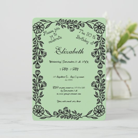 緑淡い色のと黒植物学フローラ30歳の誕生日 招待状 (スタンド正面)