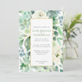 緑淡い色のの多汁と白い花の金ゴールド結婚ズ 招待状 (スタンド正面)