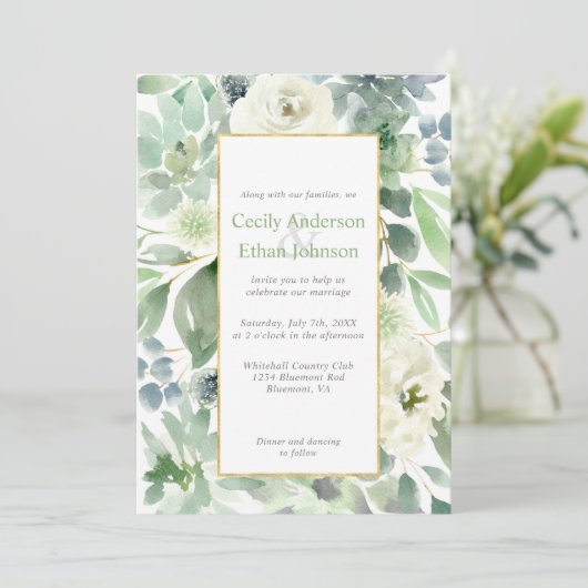 緑淡い色のの多汁と白い花の金ゴールド結婚ズ 招待状 (スタンド正面)