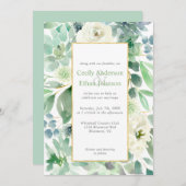 緑淡い色のの多汁と白い花の金ゴールド結婚ズ 招待状 (正面/裏面)