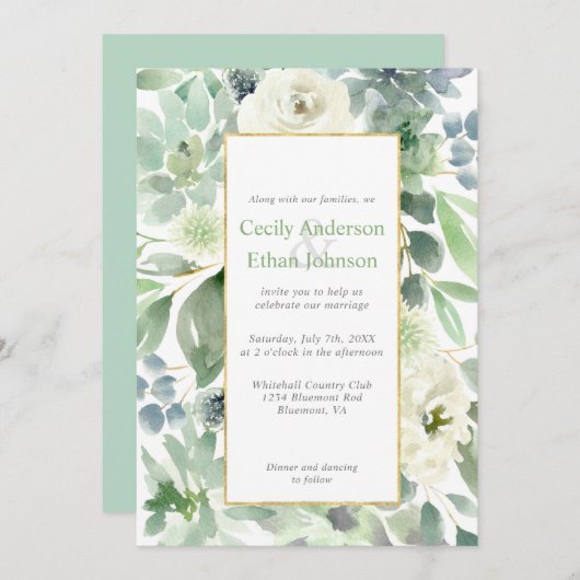 緑淡い色のの多汁と白い花の金ゴールド結婚ズ 招待状 (正面/裏面)