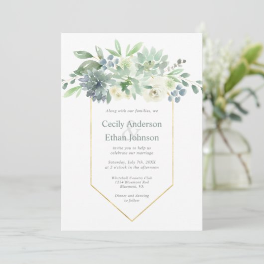 緑淡い色の多肉植物と白い結婚花 招待状 (スタンド正面)