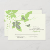 緑灰色の鳥と葉の結婚式返信カード 出欠カード (正面/裏面)