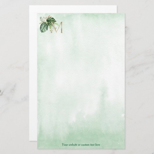 緑熱帯リーフ金ゴールドモノグラム文字M 便箋 (正面/裏面)