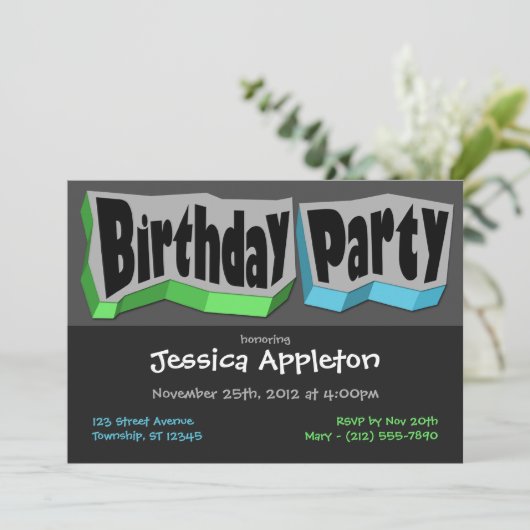 緑熱狂するクールと青のバースデーパーティ招待状 招待状 (スタンド正面)