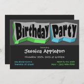 緑熱狂するクールと青のバースデーパーティ招待状 招待状 (正面/裏面)