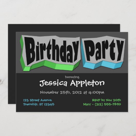 緑熱狂するクールと青のバースデーパーティ招待状 招待状 (正面/裏面)