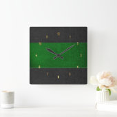 緑男らしと黒のステッチレザーテクスチャ スクエア壁時計 (ホーム)