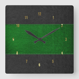 緑男らしと黒のステッチレザーテクスチャ スクエア壁時計