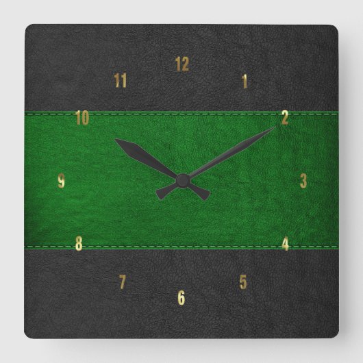 緑男らしと黒のステッチレザーテクスチャ スクエア壁時計 (正面)