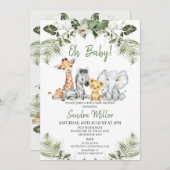 緑男女兼用のサファリベイビーシャワー 招待状 (正面/裏面)