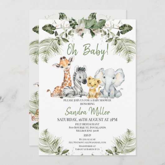 緑男女兼用のサファリベイビーシャワー 招待状 (正面/裏面)