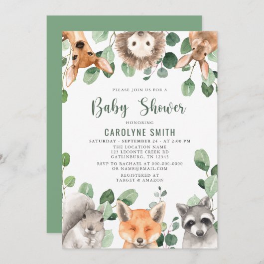 緑男女兼用の森の男の子の赤ちゃんシャワー 招待状 (正面/裏面)