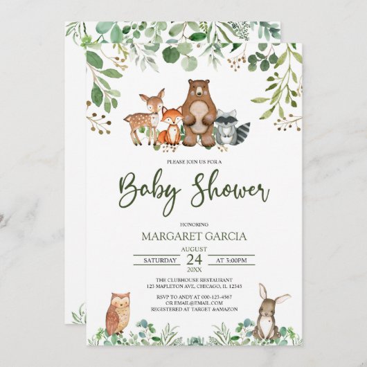 緑男女兼用の森の赤ちゃんシャワー 招待状 (正面/裏面)