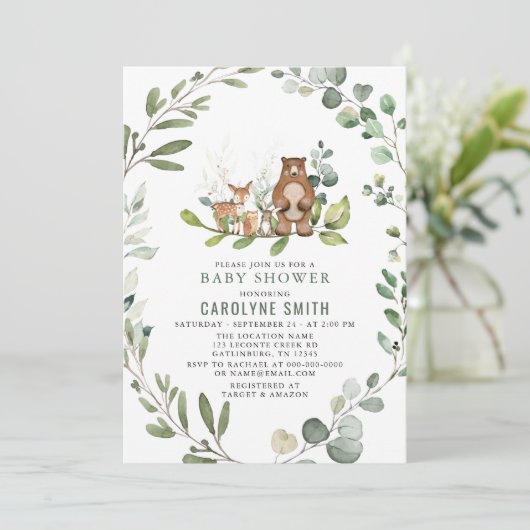 緑男女兼用の森の赤ちゃんシャワー 招待状 (スタンド正面)