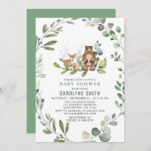 緑男女兼用の森の赤ちゃんシャワー 招待状 (正面/裏面)