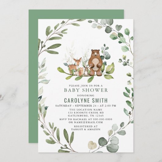 緑男女兼用の森の赤ちゃんシャワー 招待状 (正面/裏面)