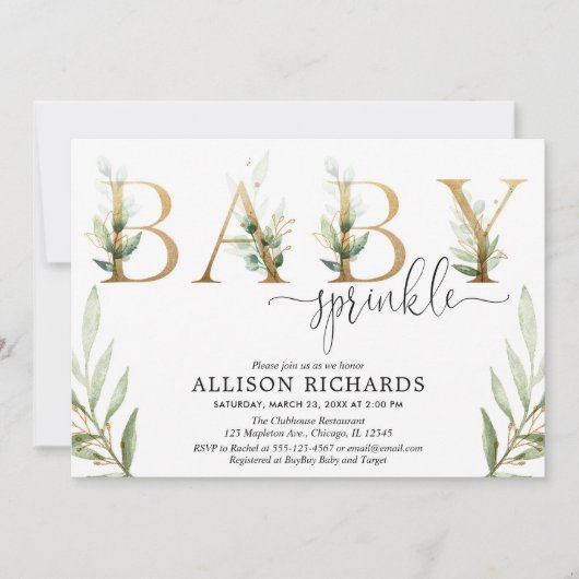 緑男女兼用の緑の金ゴールドベビー 招待状 (正面)
